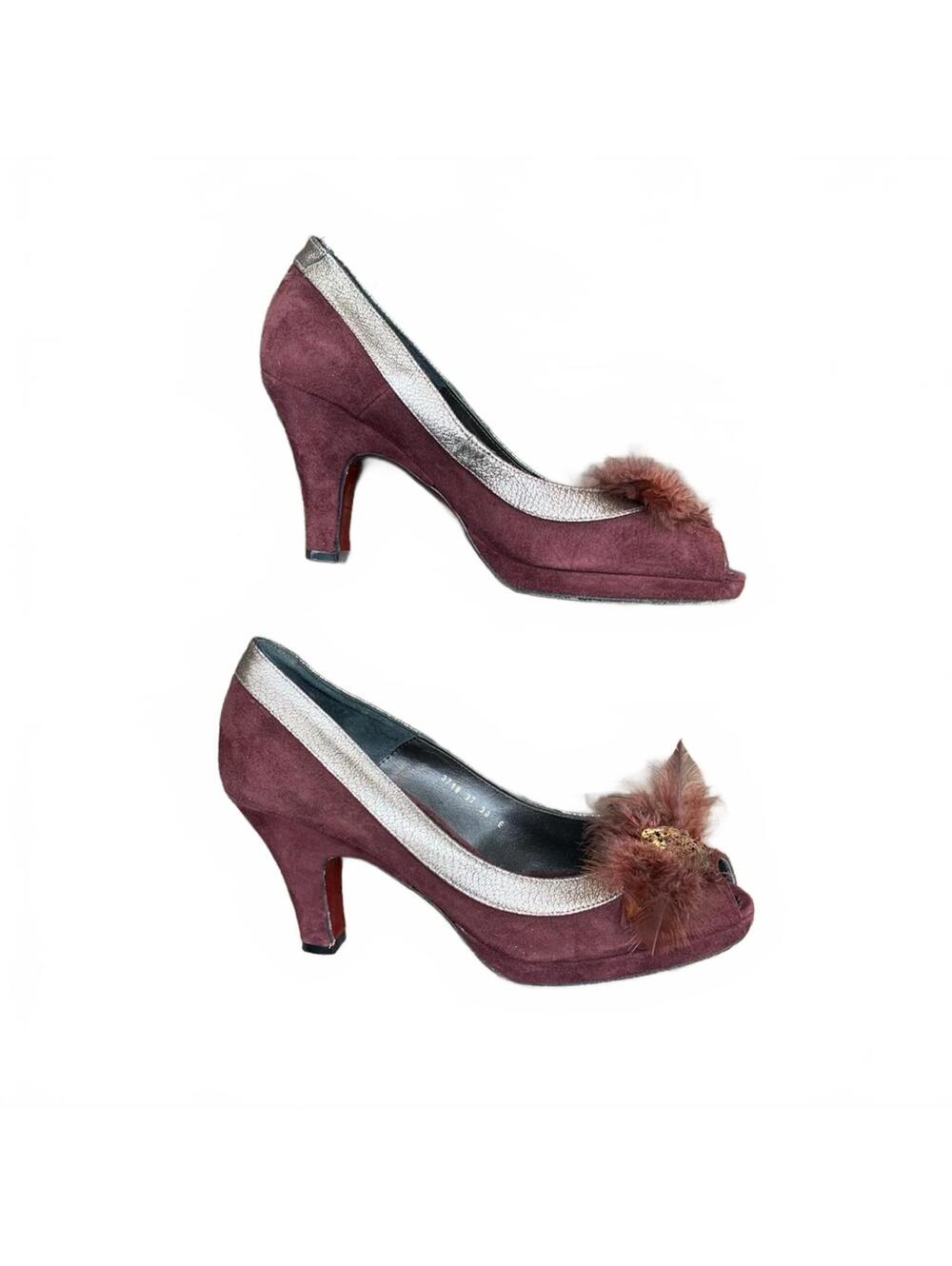 Rebeca Sanver Red Bottom Peep Toe Suede Heels Boa & Gemstone ~ Size 38 (8)